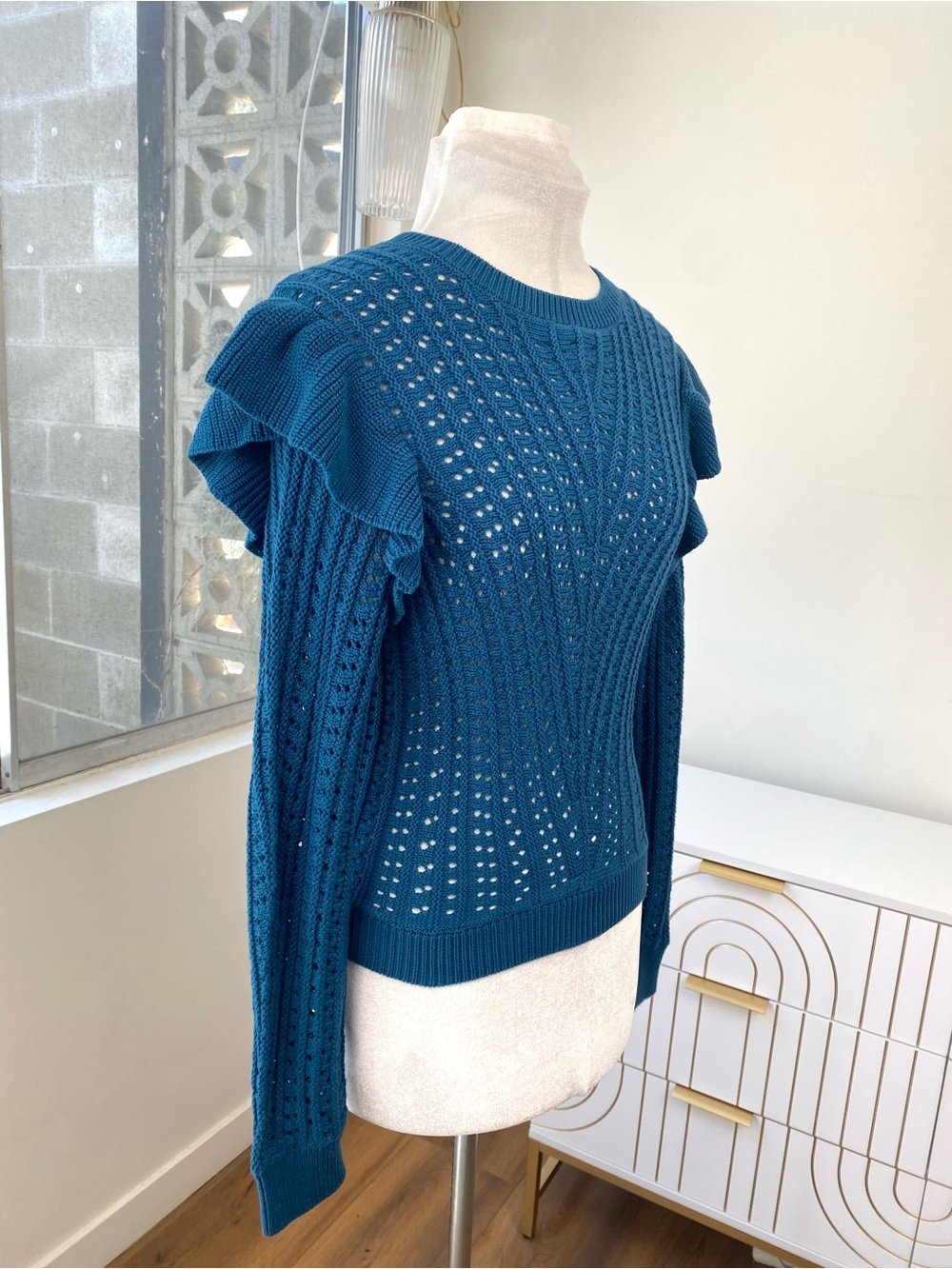 Nation LTD NWT Pointelle Ruffle Kay Pullover Sweater Italian Sea Blue, Size S - Picture 4 of 7